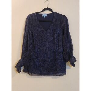 CeCe Navy Blue Metallic V-Neck Blouse Shimmer Long Sleeve Ruffle Cuff Top Small